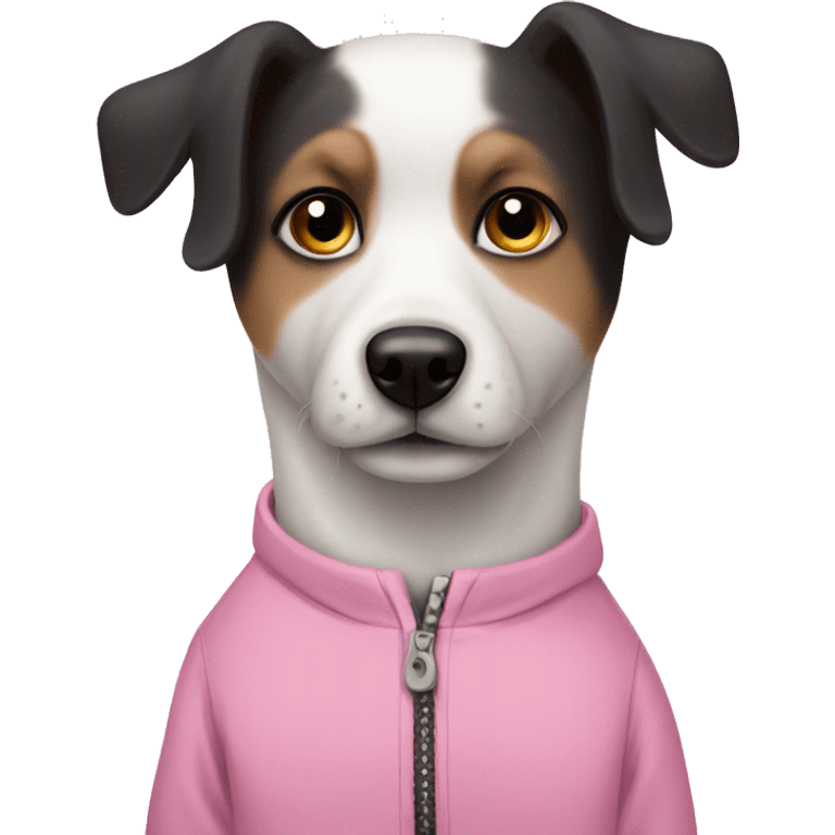 lapdog is a white dog with black ears in a pink jumpsuit emoji