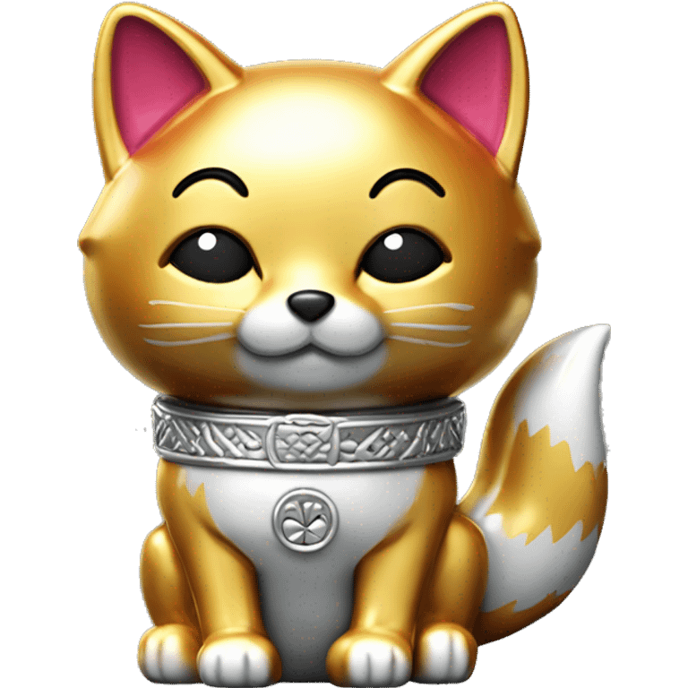 fully chrome fox statue in the form of maneki neko emoji