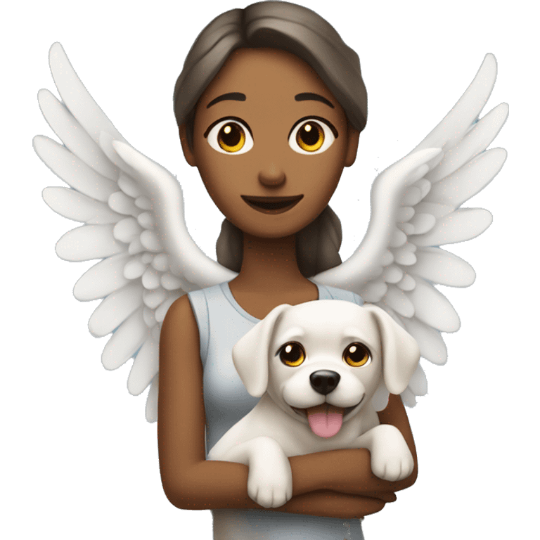 woman with a dog. The dog has angel wings emoji