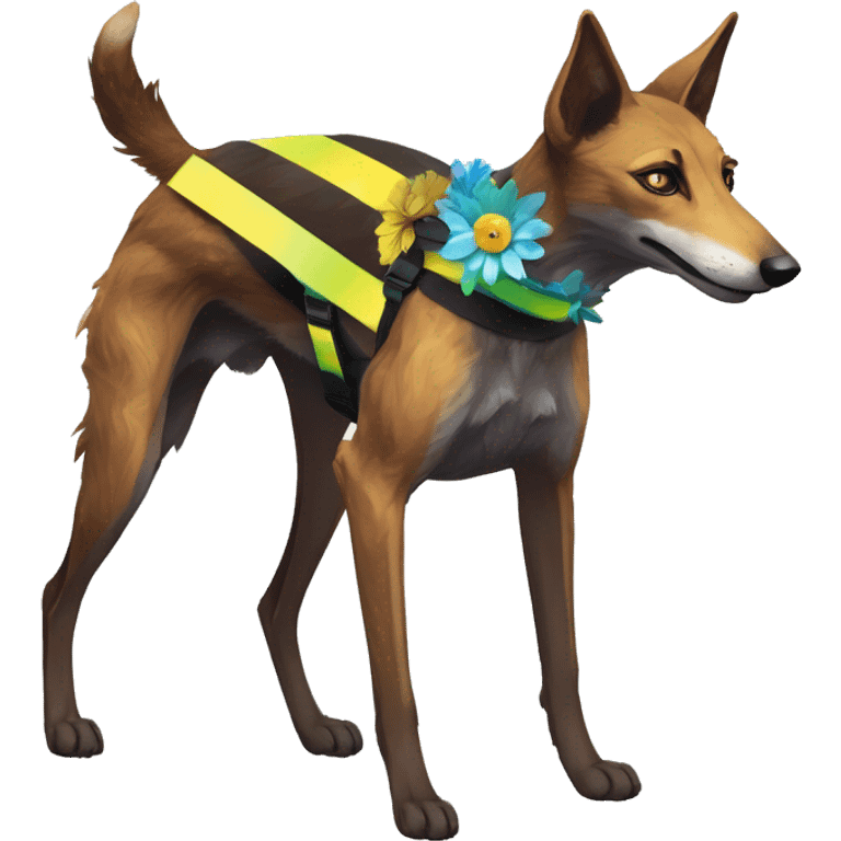  brindle brown black maroon striped lurcher Alsatian fox running blue eyes and iridescent holographic oilslick harness wearing paper iridescent tropical flower crown yellow caution tape emoji