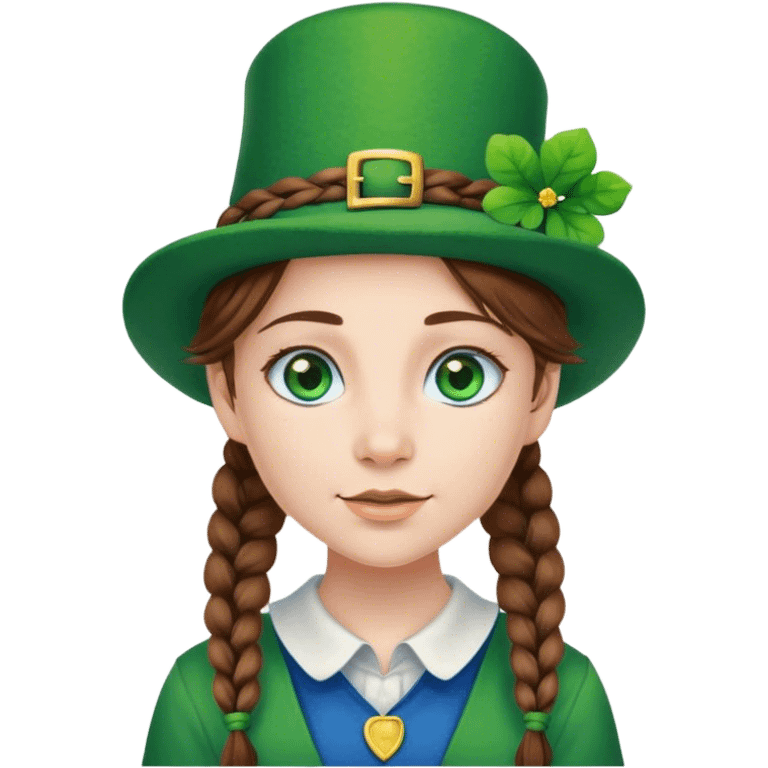 Girl with brown hair in braids and blue eyes wearing a green leprechaun hay emoji