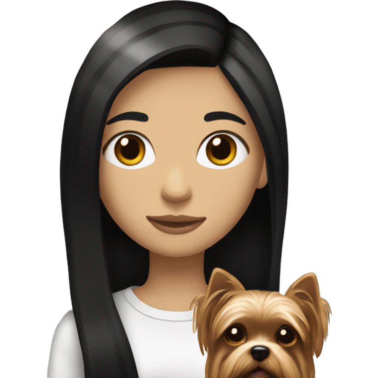 teenage white girl with black straight hair holding a yorkie dog emoji