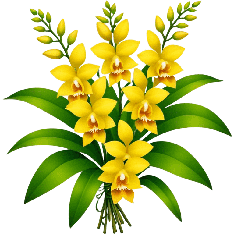 big bouquet yellow Dendrobium Orchid, stem, leaf emoji