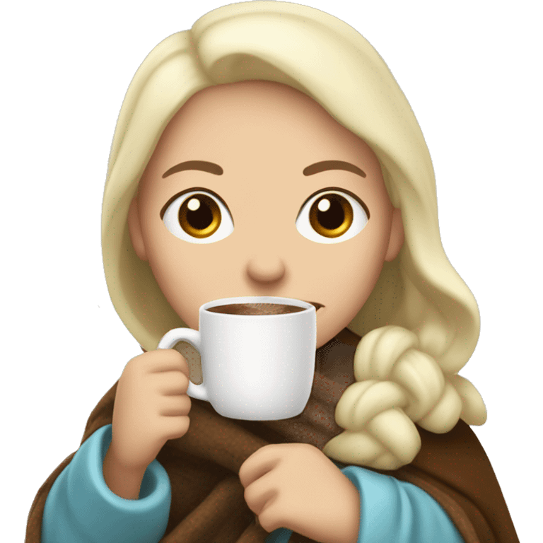 white blonde Woman with blanket holding a hot chocolate  emoji