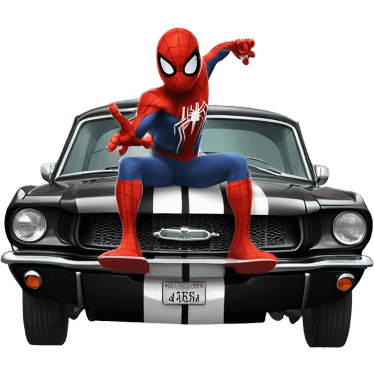 Spider-Man driving a 65 black Mustang fastback emoji