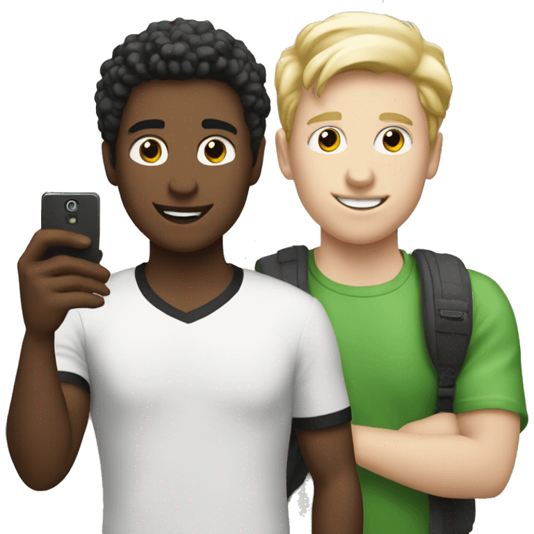 "Two male students taking photos with a cell phone.white skin emoji