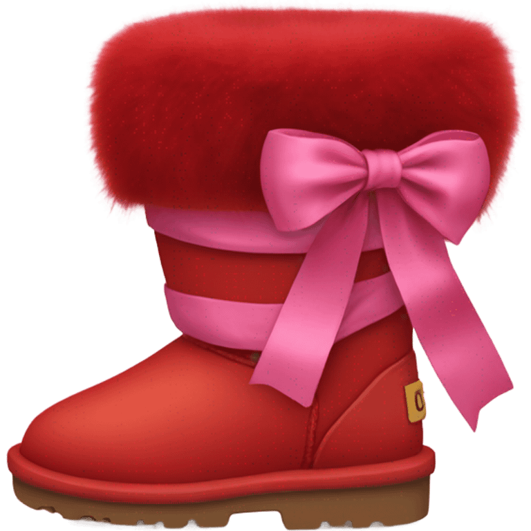 Red pair of UGG Fur boots laced up with pink silk ribbon. emoji