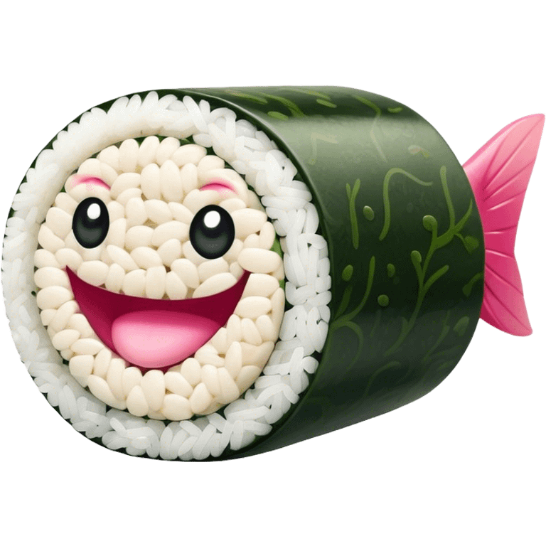 Cute Kawaii Maki Sushi Roll, small and round, wrapped in soft dark green seaweed, tiny grains of rice peeking out, a bright pink fish filling, a cheerful smiling face! emoji