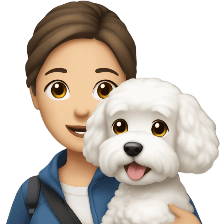 A hair-in-a-bun Asian woman, with brown hair, carrying a cute and happy Bichon Frise at the airport  emoji