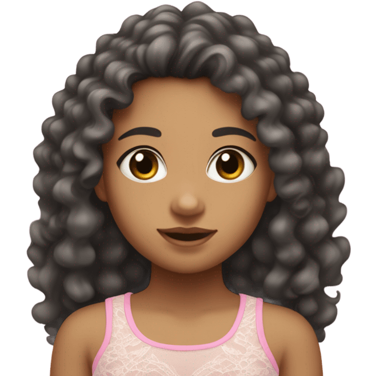 make a teenage girl emoji, mixed race, tan girl, dark grey almost black eye colour, long hair dark brown curls. Wearing a lace trim baby pink tank top with a small bow on shirt. One girl emoji