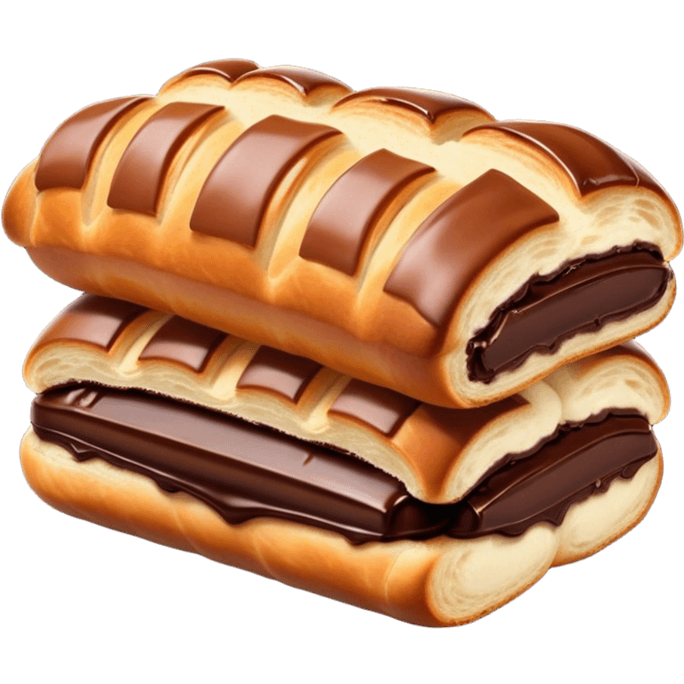 Cinematic warm pain au chocolat, flaky golden-brown pastry with a rich chocolate filling peeking through, perfectly crisp exterior, soft glowing highlights, inviting and indulgent. emoji