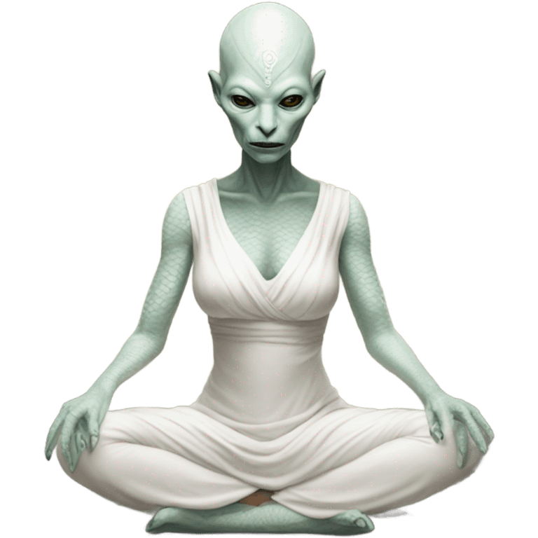 a Reptilian alien woman,in meditation, white dress like a priestess emoji