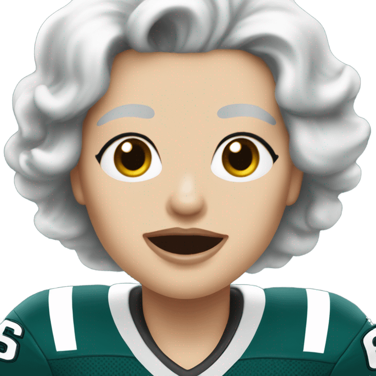 White female older female light skin light lips white hair short hair wavy hair blue eyes wearing Philadelphia eagles jersey cheering emoji