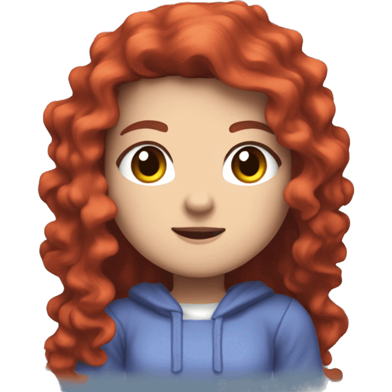 a white girl with long red curly hair, wearing periwinkle Minecraft hoodie playing a videogame emoji