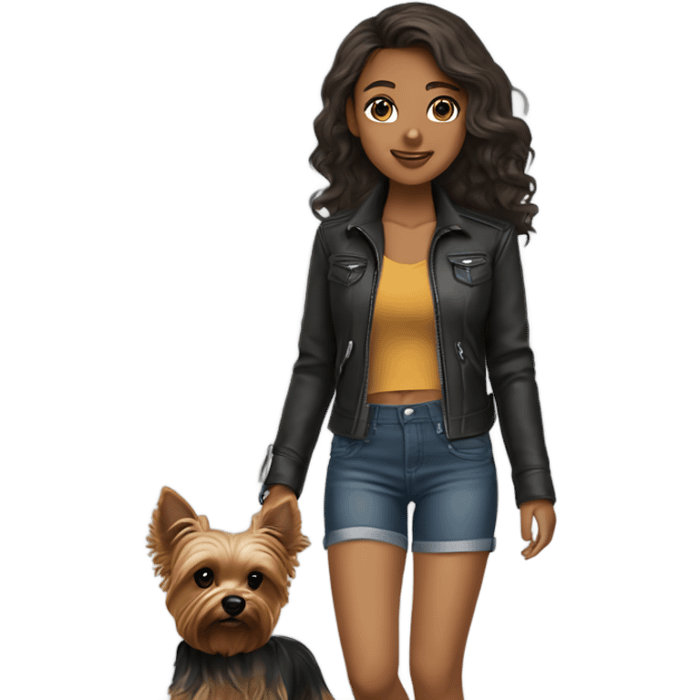 Tan girl autumn wavy medium length hair in her shorts and leather jacket walking her female Yorkie  emoji