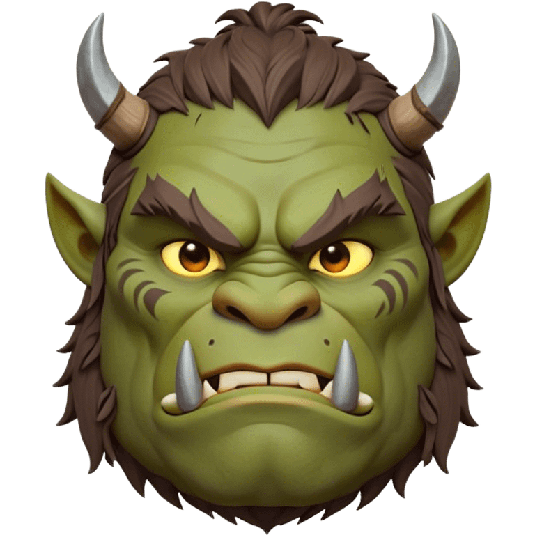 Cinematic Noble Ogre Portrait Emoji, Majestic and imposing, with a rugged, muscular form in deep earthy greens and browns, adorned with battle scars and subtle tribal markings, exuding calm, noble strength and unexpected wisdom, simplified yet strikingly detailed, glowing with a shadowy outline that captures the essence of a gentle giant with fierce heart! emoji