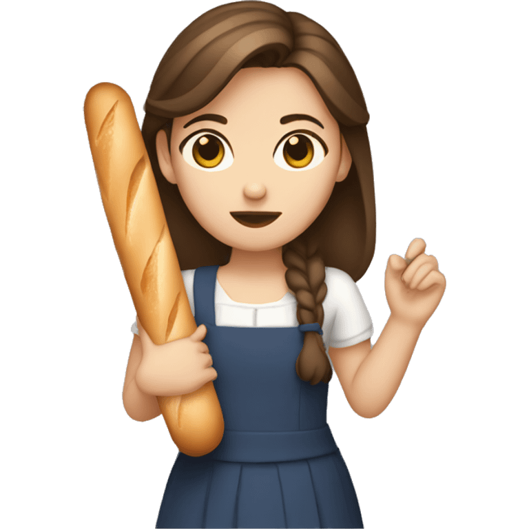 a french girl with brown hair and brown eyes holding a baguette, confused emoji