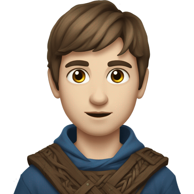 slavic young man with brown hair, blue eyes and runic wearing emoji