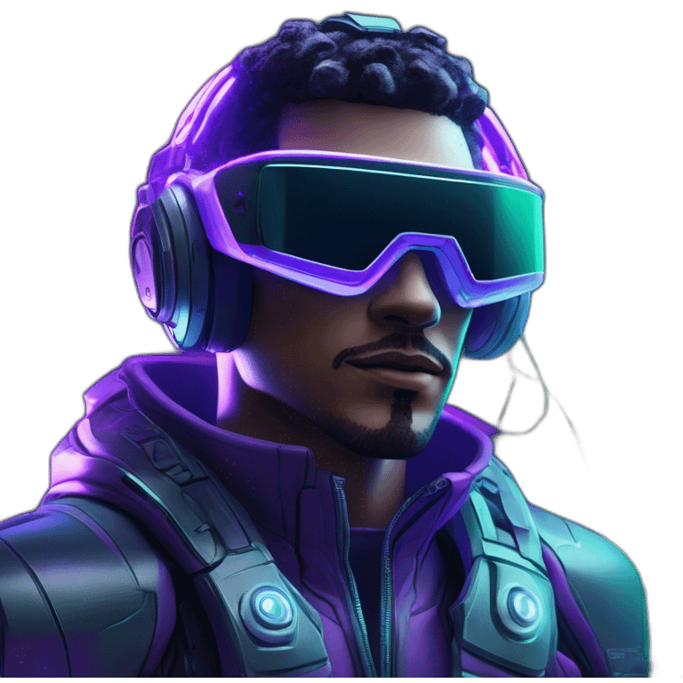 A hiperrealistc cyberwear futuristic metaverse Man playing with holograms cyberwear techwear green and purple neon perfect lights add a Futuristic cyberpunk metaverse headset emoji