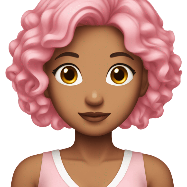 karina from aespa. with pink hair, wearing a light pink dress with a ribbon in the middle. Her hair is a beautiful layered model. emoji