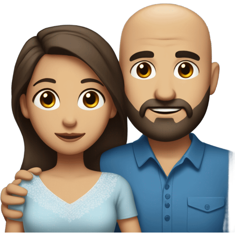 Comforting hug from brunette Puerto Rican with dark brown eyes wearing a cute blue blouse to short, bald man with brown eyes and a beard emoji