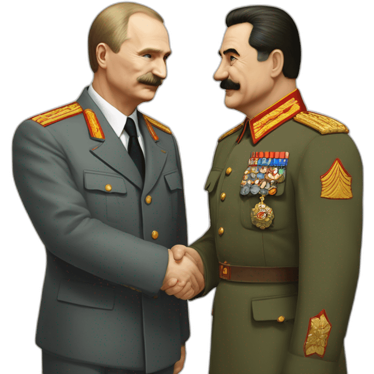 Stalin shakes Putin's hand. Putin in a suit, Stalin in a tunic emoji