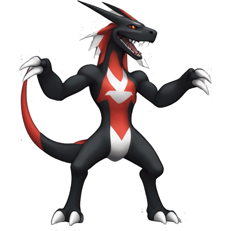 Black Cool Edgy Nargacuga-Houndoom-Garchomp Fakémon Digimon with Red and white Edgy markings, full body, outlined emoji