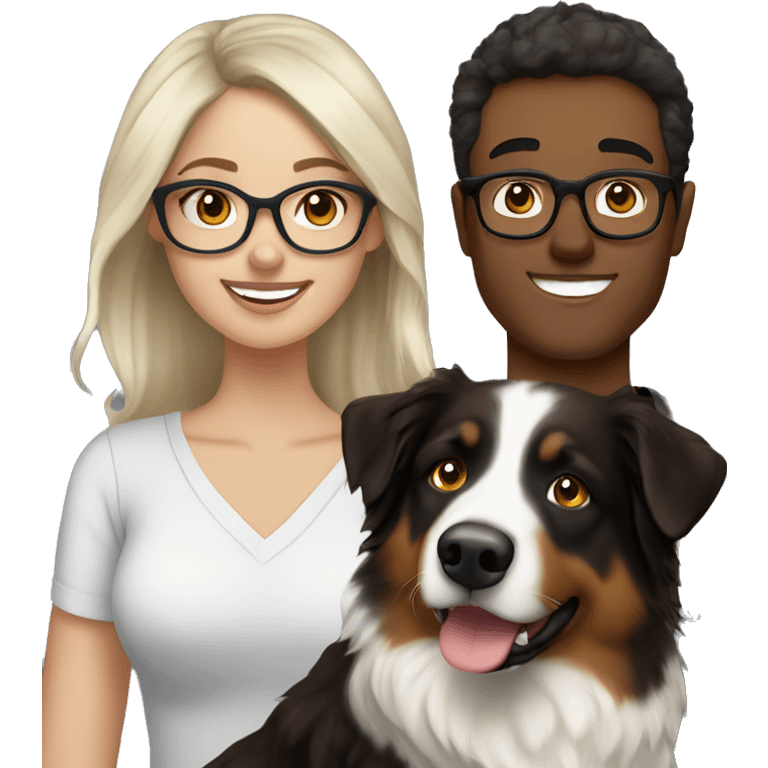 26 year old brunette with blonde highlights wearing glasses with her husband white with dark brown hair and their Australian shepherd  emoji