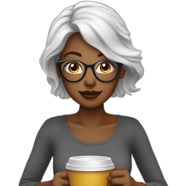 Mujer de piel blanca, melena negra,con lentes semi al aire de color calipso. Con un lunar sobre el labio superior en la parte izquierda de la cara. Tomando un café y saludando emoji