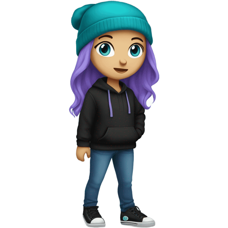 White girl, blue eyes, long teal hair, purple beanie hat, black hoodie, blue jeans, black shoes emoji