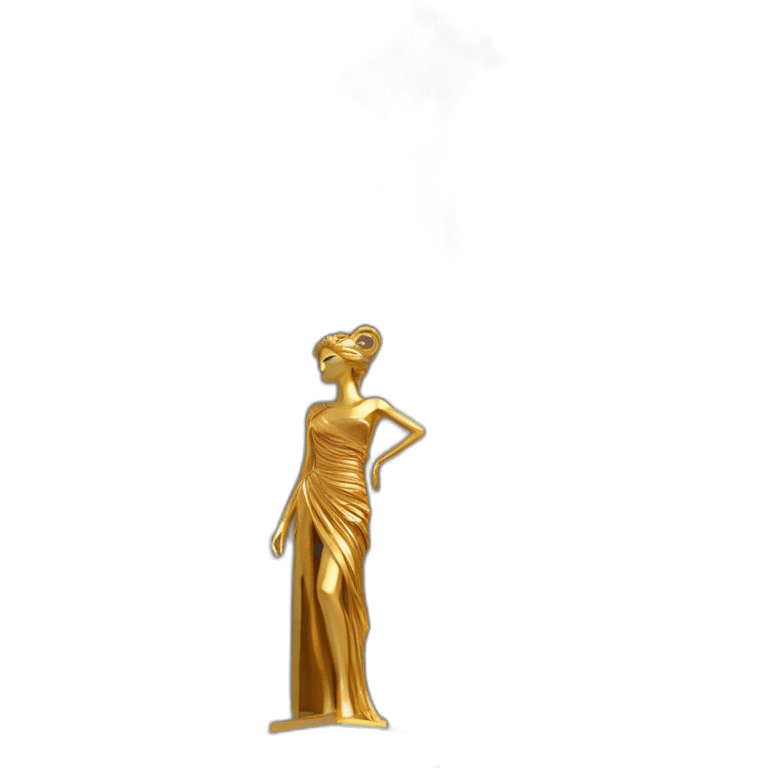 distant view of an abstract renaissance color sculpture of a female figure with a red mask on her face standing on a glittering golden greek column of an ancient palace, 4K resolution emoji