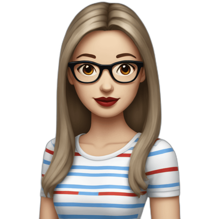 caucasian woman with square black glasses, straight dark brown bangs, red lipstick, blue and white striped t shirt emoji