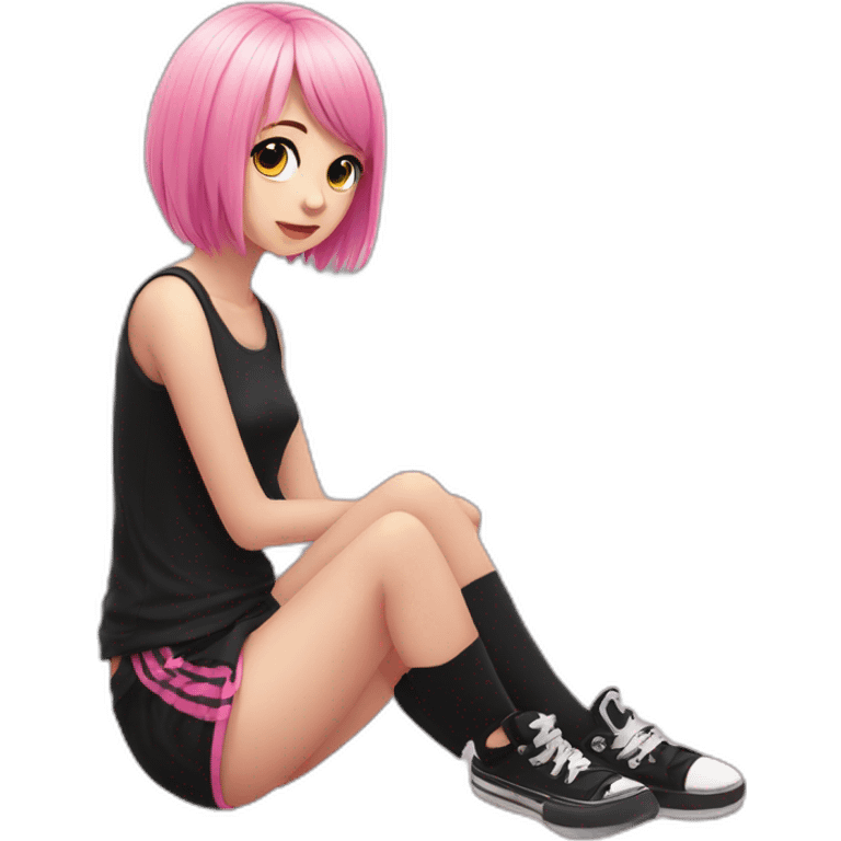 full body Front view emo girl sits on the floor black skirt pink knickers emoji