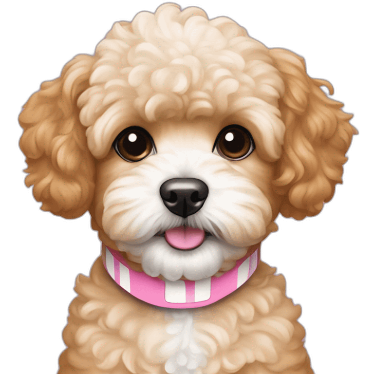 Caramel Maltipoo with white stripe on the muzzle and pink collar emoji