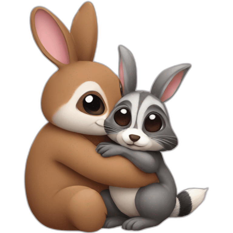 bunny tightly hugs raccoon emoji