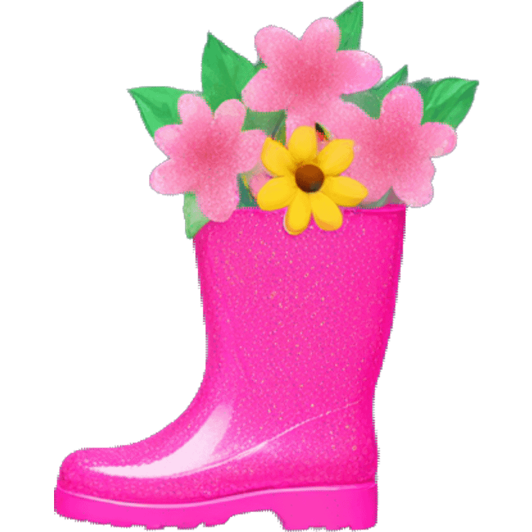 Pink glitter rainboots with flowers inside  emoji