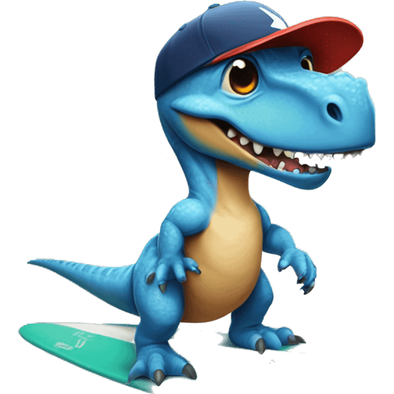 dinosaur on surfboard wearing a baseball hat emoji