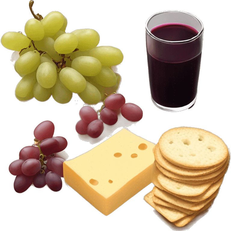 Charcuterie board with cheese grapes bread and crackers emoji