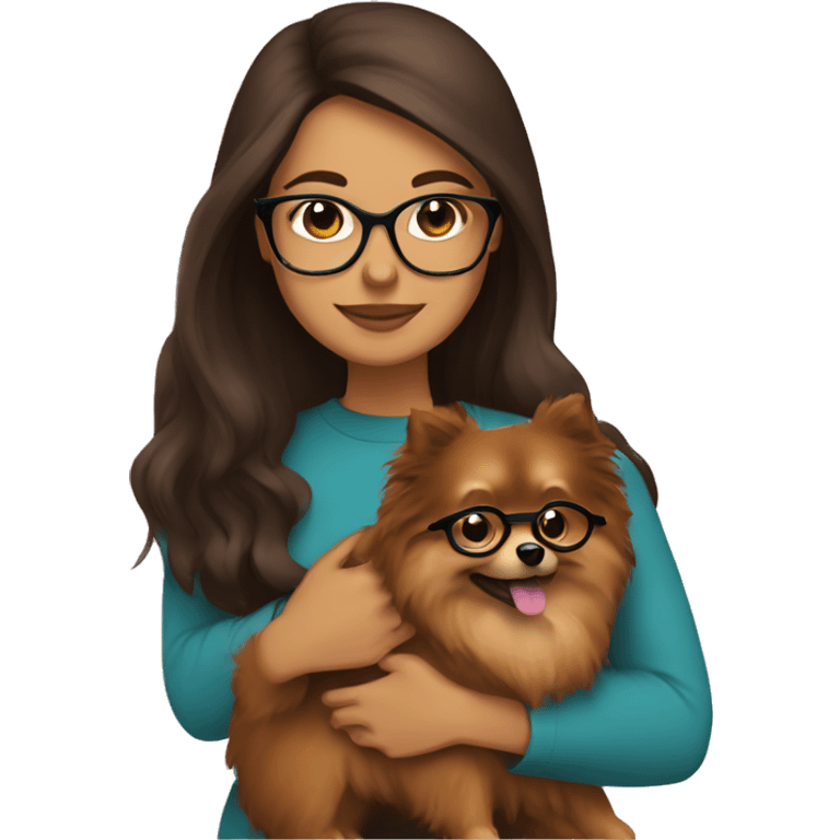 Hispanic woman with long Brown hair with glasses hugging  brown Pomeranian  emoji