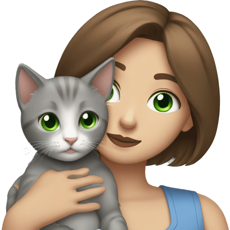 blue eyes grey kitten hugging brown short hair green eyes woman emoji