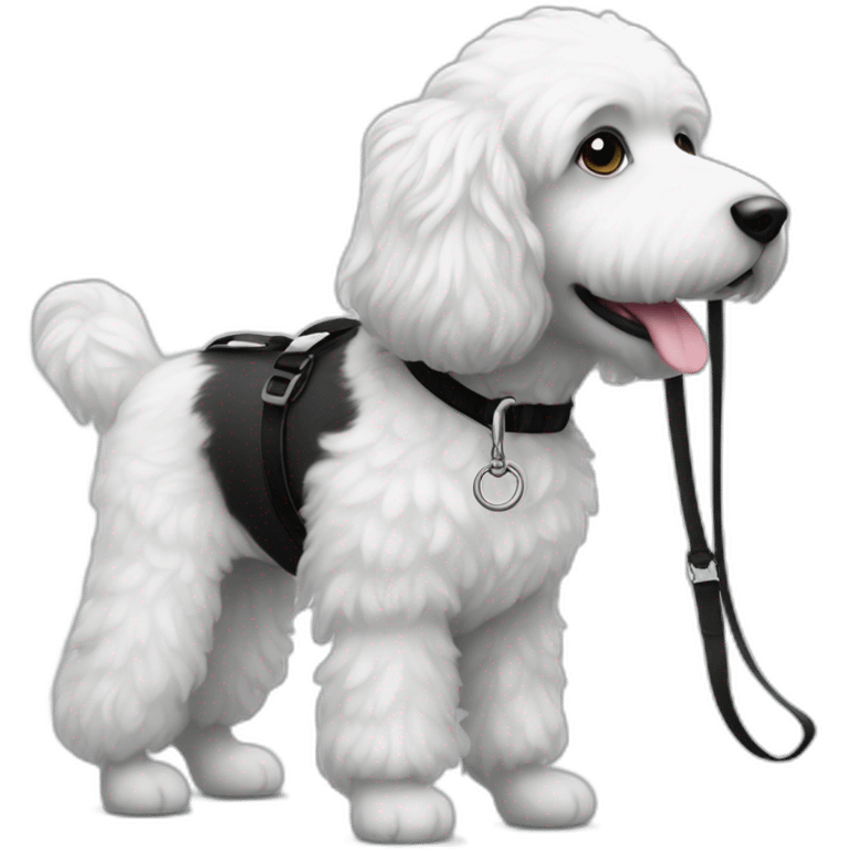 side profile medium sized fluffy black and white doodle on a leash going for a walk emoji