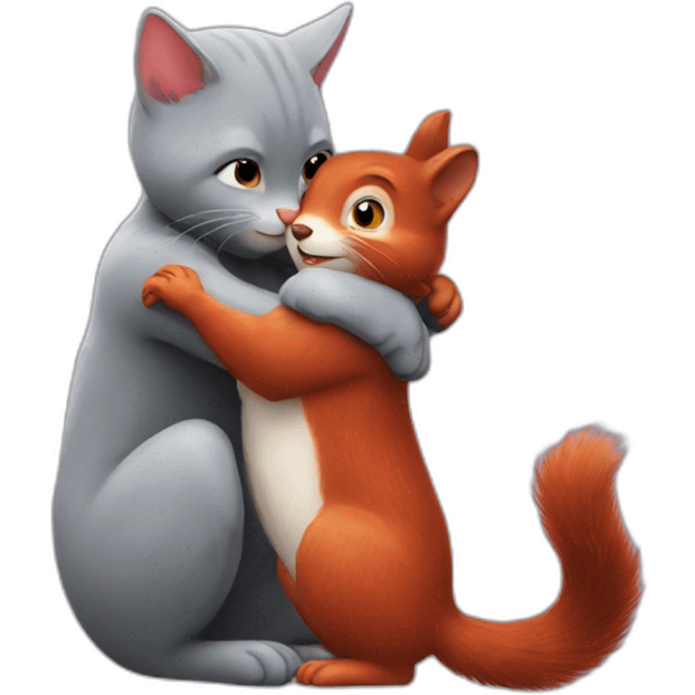 grey cat hugs a red squirrel emoji