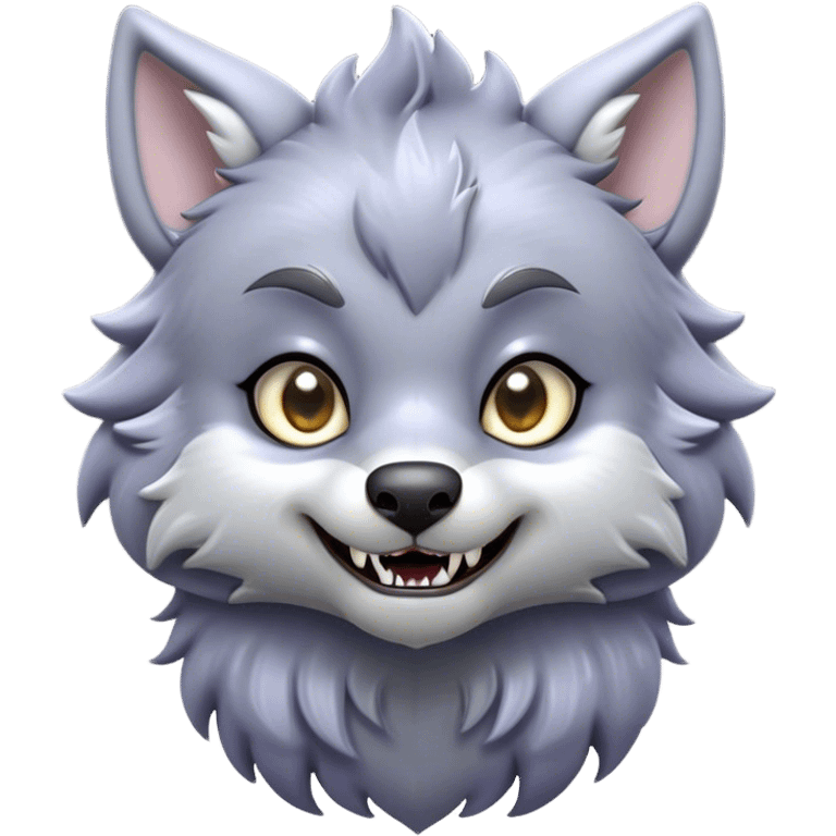 Cinematic Cute Werewolf Portrait Emoji, with a cuddly, miniature lupine form in soft moonlit grays and silvers, featuring oversized sparkling eyes and a sweet, endearing snarl, simplified yet irresistibly adorable, highly detailed with a gentle glowing outline that captures the playful, heartwarming essence of a little werewolf! emoji