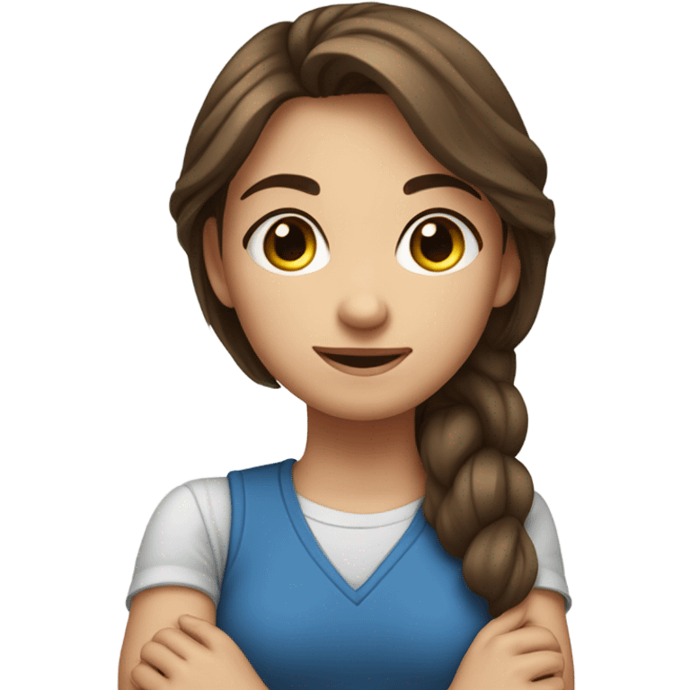 A girl with brown hair and blue eyes crouching with her arms by her side emoji