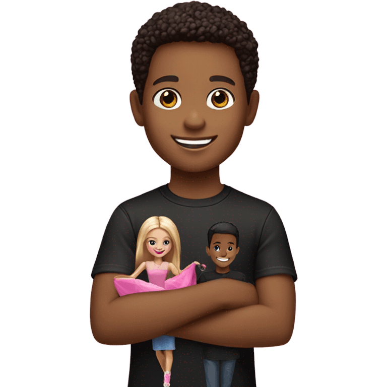 smiling boy in black shirt holding Barbie  emoji