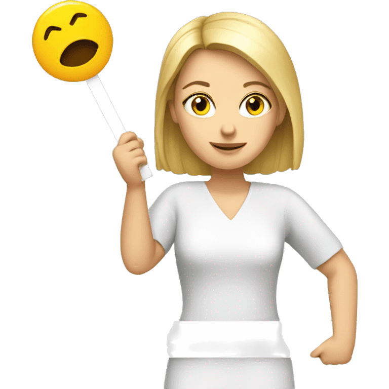 White woman holding sign for 4 B movement emoji