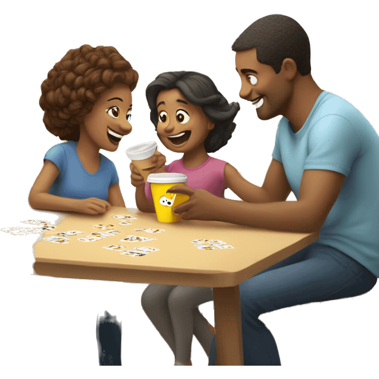 An emoji of a family—mother, father, and child—sitting at a table, playing a cup game with paper cups arranged on the table as they have fun together emoji