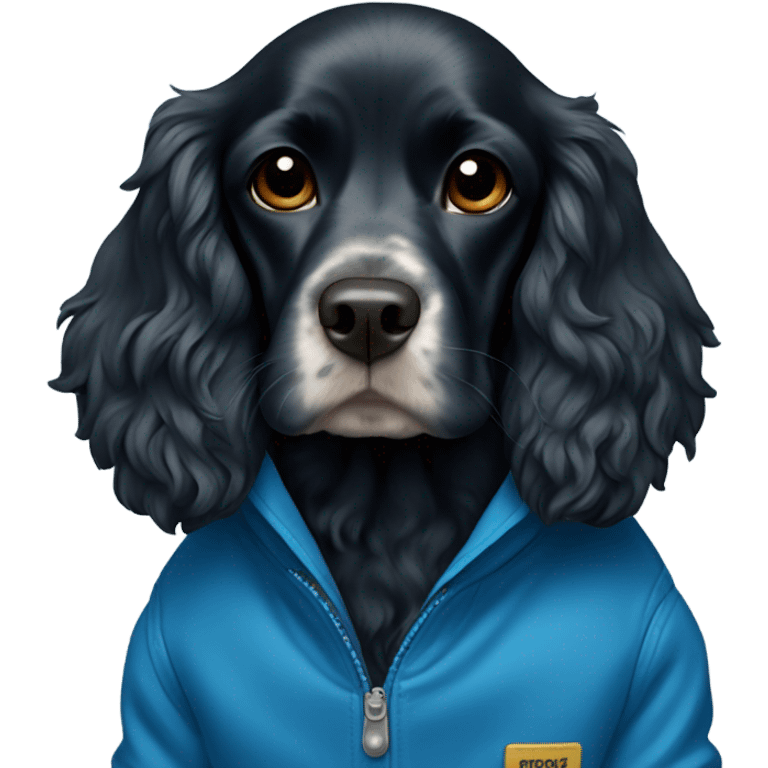 Black cocker spaniel in blue jacket  emoji