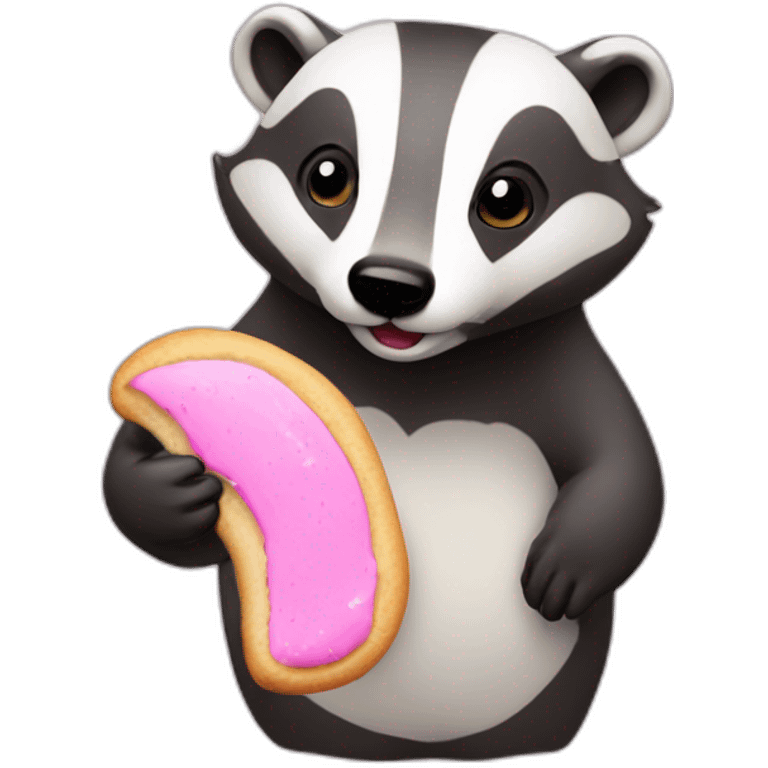 A badger with a white cookie with pink Swirl emoji