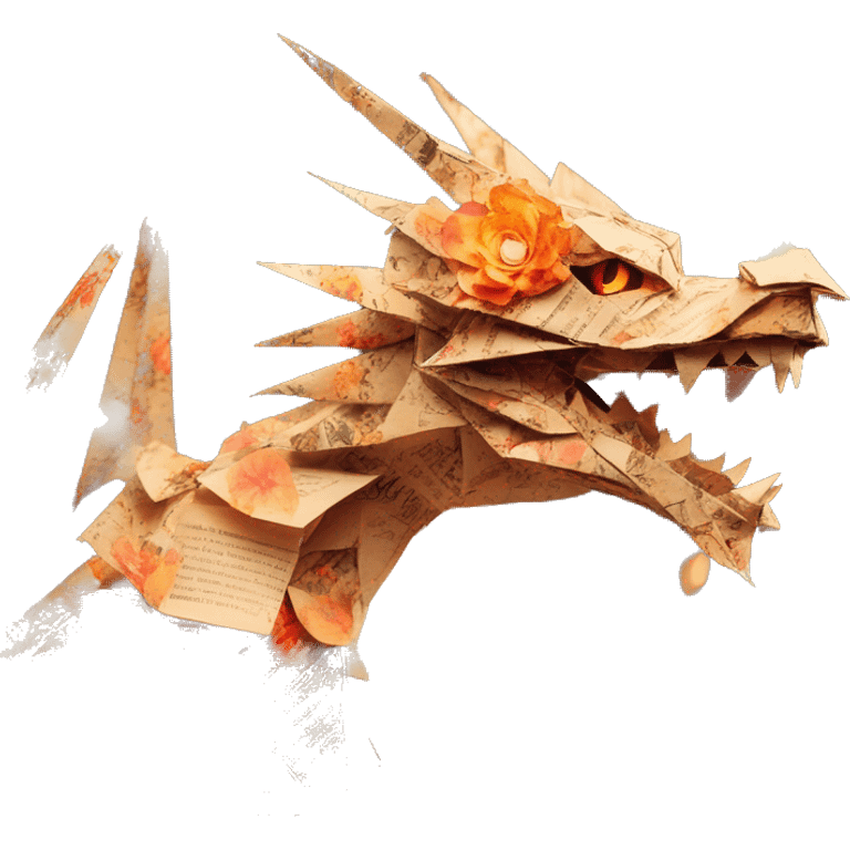 Charred flaming fiery Beige Origami dragon made of newspapers on fire letters on fire burnt paper surrounded by fairy lights swirls covered in dried flowers bokeh floral flowers fire flames emoji